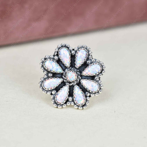 Handmade White Sparkling Opal & Sterling Silver Adjustable Ring, Statement Ring for Women