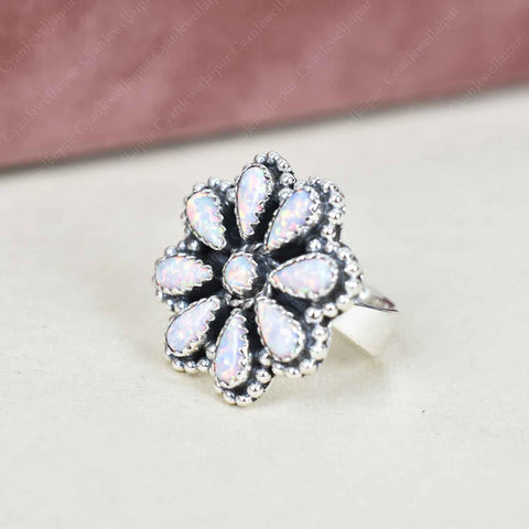 Handmade White Sparkling Opal & Sterling Silver Adjustable Ring, Statement Ring for Women