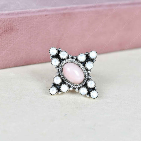 Handmade Pink Opal & White Pearl Sterling Silver Adjustable Ring