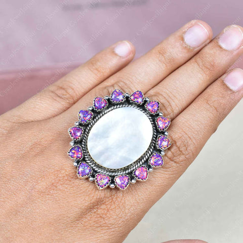 Handmade Mother of Pearl & Aurora Opal Sterling Silver Adjustable Ring
