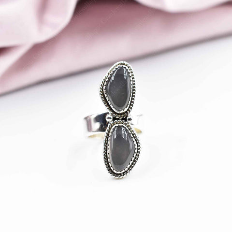 Handmade Grey Moonstone & Sterling Silver Adjustable Ring, Statement Ring for Women