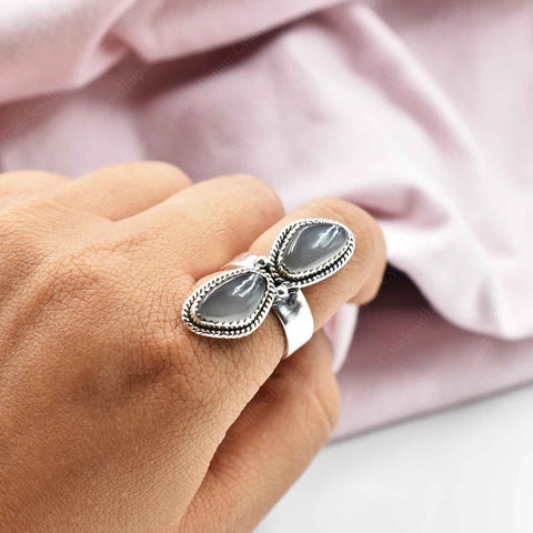 Handmade Grey Moonstone & Sterling Silver Adjustable Ring, Statement Ring for Women