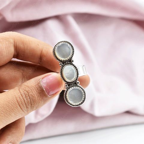 Handmade Mother of Pearl & Sterling Silver Crawler Ring, Adjustable Statement Ring for Women