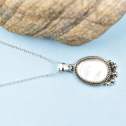 Handmade Mother of Pearl & Sterling Silver Pendant with 18 Inch Adjustable Chain
