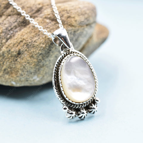 Handmade Mother of Pearl & Sterling Silver Pendant with 18 Inch Adjustable Chain