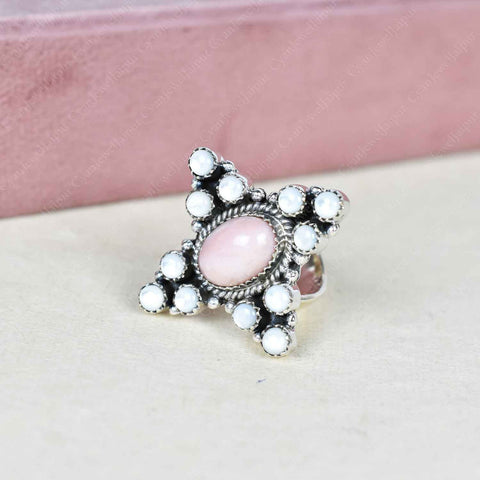 Handmade Pink Opal & White Pearl Sterling Silver Adjustable Ring