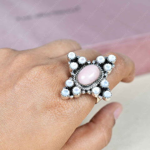 Handmade Pink Opal & White Pearl Sterling Silver Adjustable Ring