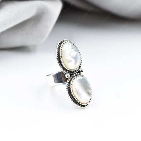 Handmade Mother of Pearl & Sterling Silver Crawler Ring, Adjustable Statement Ring