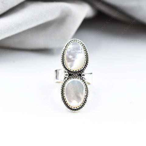 Handmade Mother of Pearl & Sterling Silver Crawler Ring, Adjustable Statement Ring