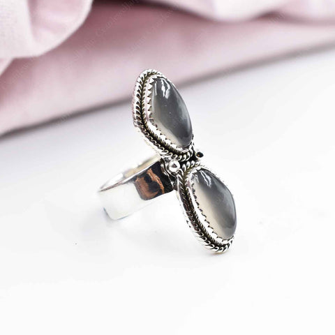 Handmade Grey Moonstone & Sterling Silver Adjustable Ring, Statement Ring for Women