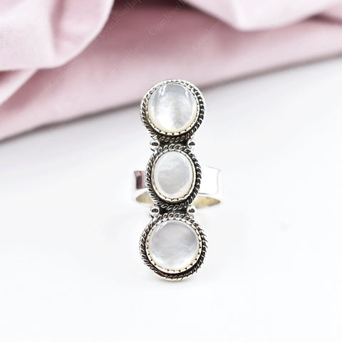 Handmade Mother of Pearl & Sterling Silver Crawler Ring, Adjustable Statement Ring for Women