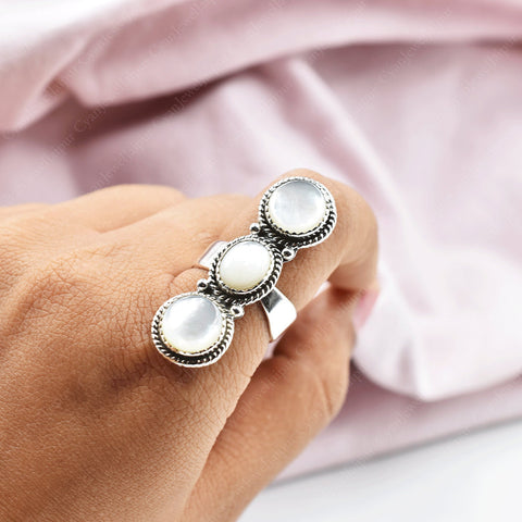 Handmade Mother of Pearl & Sterling Silver Crawler Ring, Adjustable Statement Ring for Women