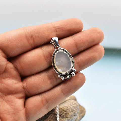 Handmade Mother of Pearl & Sterling Silver Pendant with 18 Inch Adjustable Chain