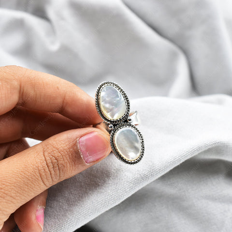Handmade Mother of Pearl & Sterling Silver Crawler Ring, Adjustable Statement Ring