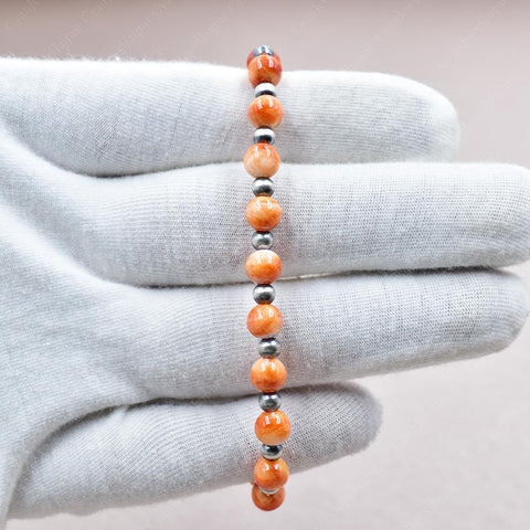Handmade Sterling Silver Pearls & Orange Spiny Oyster Turquoise Stretch Bracelet