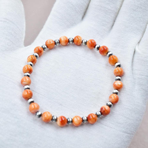Handmade Sterling Silver Pearls & Orange Spiny Oyster Turquoise Stretch Bracelet