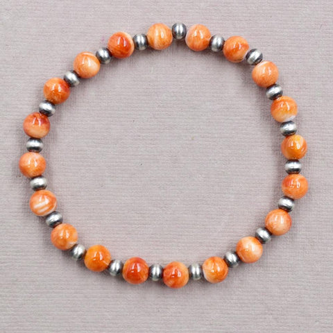 Handmade Sterling Silver Pearls & Orange Spiny Oyster Turquoise Stretch Bracelet