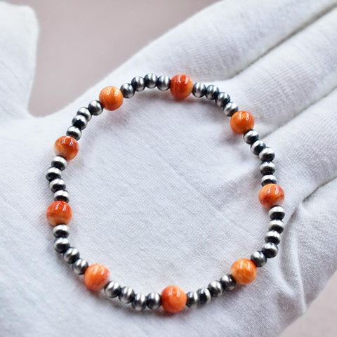 Handmade Sterling Silver Pearl & Orange Spiny Oyster Turquoise Stretch Bracelet