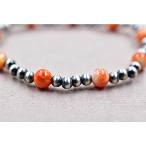 Handmade Sterling Silver Pearl & Orange Spiny Oyster Turquoise Stretch Bracelet