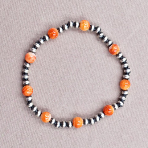 Handmade Sterling Silver Pearl & Orange Spiny Oyster Turquoise Stretch Bracelet