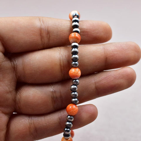 Handmade Sterling Silver Pearl & Orange Spiny Oyster Turquoise Stretch Bracelet