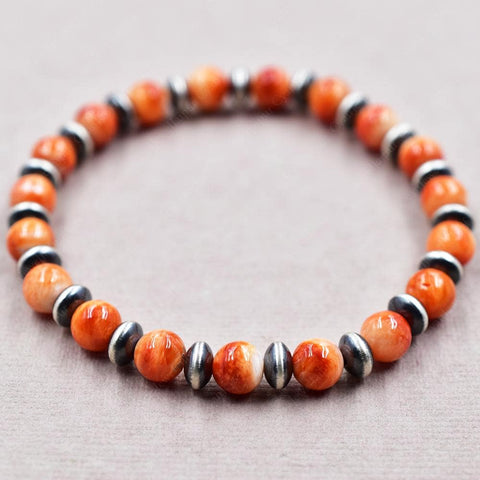 Handmade Sterling Silver Pearls & Orange Spiny Oyster Turquoise Stretch Bracelet