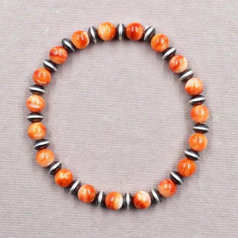 Handmade Sterling Silver Pearls & Orange Spiny Oyster Turquoise Stretch Bracelet
