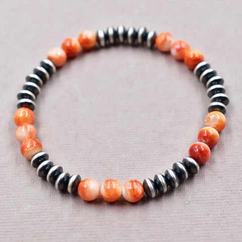 Handmade Sterling Silver Pearls & Orange Spiny Oyster Turquoise Stretch Bracelet