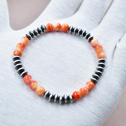 Handmade Sterling Silver Pearls & Orange Spiny Oyster Turquoise Stretch Bracelet
