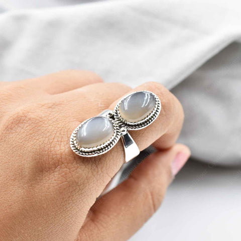 Handmade Grey Moonstone & Sterling Silver Crawler Ring, Adjustable Statement Ring for Women