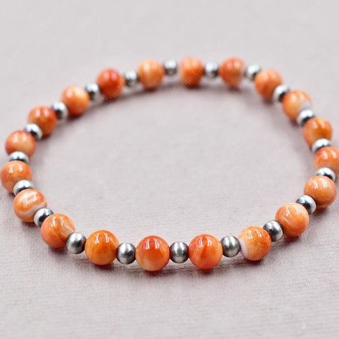 Handmade Sterling Silver Pearls & Orange Spiny Oyster Turquoise Stretch Bracelet