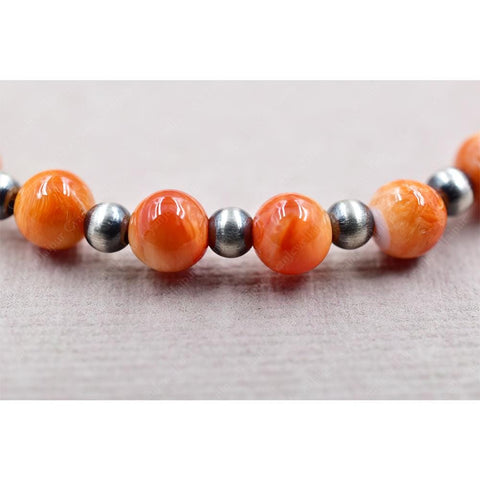 Handmade Sterling Silver Pearls & Orange Spiny Oyster Turquoise Stretch Bracelet
