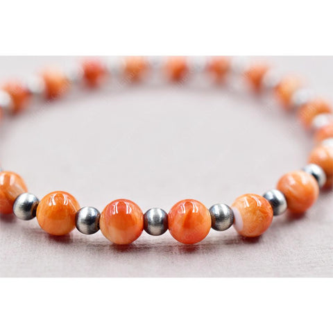 Handmade Sterling Silver Pearls & Orange Spiny Oyster Turquoise Stretch Bracelet