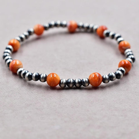 Handmade Sterling Silver Pearl & Orange Spiny Oyster Turquoise Stretch Bracelet