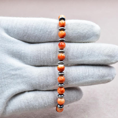 Handmade Sterling Silver Pearls & Orange Spiny Oyster Turquoise Stretch Bracelet