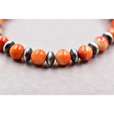 Handmade Sterling Silver Pearls & Orange Spiny Oyster Turquoise Stretch Bracelet