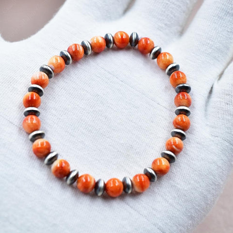 Handmade Sterling Silver Pearls & Orange Spiny Oyster Turquoise Stretch Bracelet