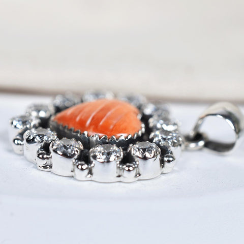 Orange Oyster Turquoise Heart Pendant, Cubic Zirconia 925 Sterling Silver Necklace