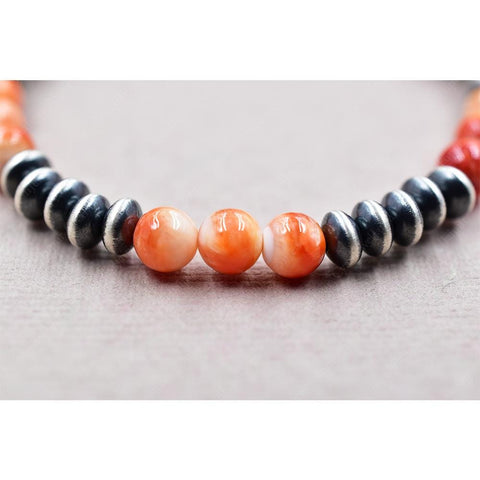 Handmade Sterling Silver Pearls & Orange Spiny Oyster Turquoise Stretch Bracelet