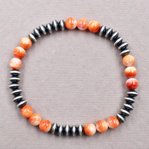 Handmade Sterling Silver Pearls & Orange Spiny Oyster Turquoise Stretch Bracelet