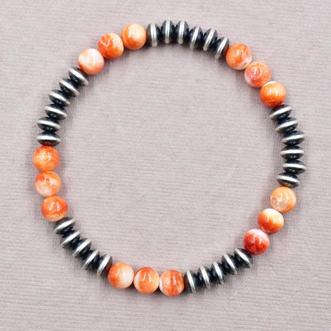 Handmade Sterling Silver Pearls & Orange Spiny Oyster Turquoise Stretch Bracelet