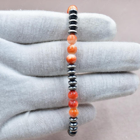 Handmade Sterling Silver Pearls & Orange Spiny Oyster Turquoise Stretch Bracelet