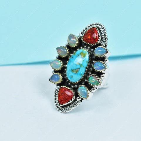 Handmade Turquoise & Ethiopian Opal 925 Sterling Silver Adjustable Ring