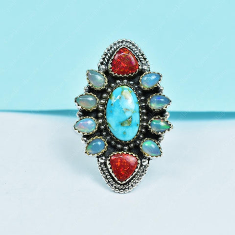 Handmade Turquoise & Ethiopian Opal 925 Sterling Silver Adjustable Ring