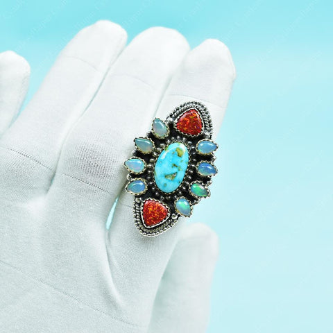Handmade Turquoise & Ethiopian Opal 925 Sterling Silver Adjustable Ring