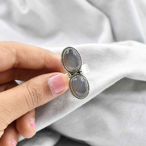Handmade Grey Moonstone & Sterling Silver Crawler Ring, Adjustable Statement Ring for Women