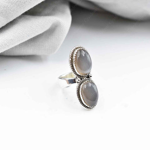 Handmade Grey Moonstone & Sterling Silver Crawler Ring, Adjustable Statement Ring for Women