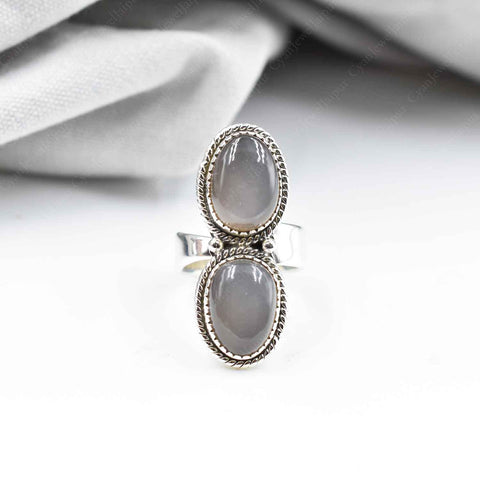 Handmade Grey Moonstone & Sterling Silver Crawler Ring, Adjustable Statement Ring for Women