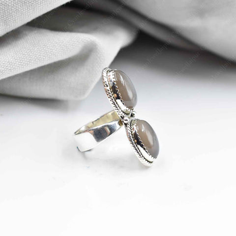Handmade Grey Moonstone & Sterling Silver Crawler Ring, Adjustable Statement Ring for Women
