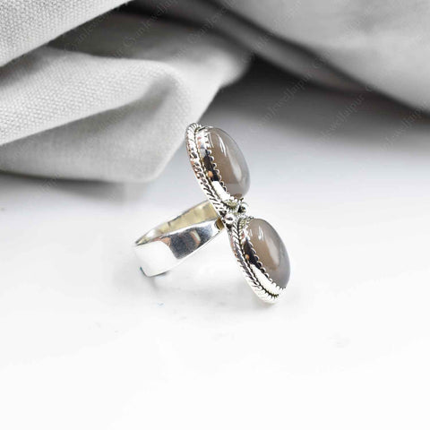Handmade Grey Moonstone & Sterling Silver Crawler Ring, Adjustable Statement Ring for Women